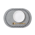 Oval grey leather place mat with linen texture and black chain embroidery detail - Oval / Light Gray