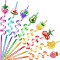 Set of 8 colorful fruit-themed spiral plastic straws with glitter sequins on white background - 8 Pcs Set / Multicolor