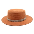 Brown straw boater hat with shimmering rhinestone band and M-logo metal badge - M (56-58cm) / Caramel
