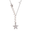 Collar asimétrico vintage para mujer con estrellas de mar y perlas bañadas en oro 18K - Collar Asimétrico con Colgante de Estrella de Mar Manchada y Perla - Color Acero