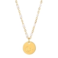 Close-up of gold stainless steel star and moon round pendant with white bead chain detail - Moon