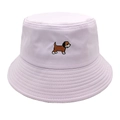 Detail shot of cute dog embroidery on a lavender cotton bucket hat for women - M (56-58cm) / Purple