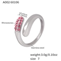 Pink rhinestone open ring in silver finish with water drop design on stainless steel - Number 7 / Steel with Pink Rhinestone