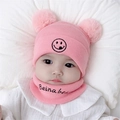Pink baby winter knit hat and scarf set with double pom-poms and smiley face design - One Size / Smiley Style / Pink