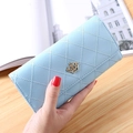 Blue PU leather long wallet for women featuring a quilted diamond pattern and crown badge - Sky Blue
