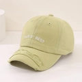 Detailed view of frayed edges on a light green cotton baseball cap with Paris Best embroidery - 52cm (Recommended 3-8 Years) / Light Green