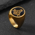 Golden stainless steel ring with black oval stone and Masonic G compass symbol - 6 / Gold (Oval Masonic Symbol)