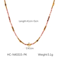 Detail shot of colorful stone beaded necklace with irregular gold pendant and size specs - Pink (HC-N40315-PK)