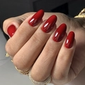 Glossy red oval press-on nails with luxury gold rings on hand for elegant styling - Glue Type / Bright Red Style (JP3351)