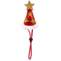 Detail of Christmas pet hat with red sequins, white faux fur trim, and adjustable strap - Red Star Hat