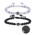 Detail of couple bracelets with 100 languages I Love You projection and adjustable cord - White Turquoise + Lava Stone