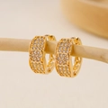Detailed shot of gold cubic zirconia hoop earrings with a hexagon charm on a wooden branch - EH412016 Hexagonal Decor