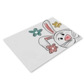 Linen placemat with cartoon white rabbit and flowers for Easter table decor - CD002-10 Playful White Rabbit
