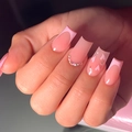 Pink French style press-on nails with heart patterns and rhinestone decorations - Shein Jelly Glue + File / DZ496-X Cupid Heart