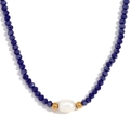 Deep blue crystal beaded necklace with central freshwater pearl and golden accents - Royal Blue Plated