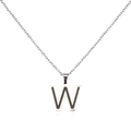 Macro detail of silver stainless steel letter W pendant with black enamel inlay - Letter W
