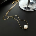 Elegant gold titanium steel necklace featuring a single large round natural pearl pendant - 04-K13 Natural White Large Pearl Necklace