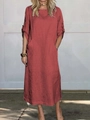 Robe longue femme en coton et lin rouge brique avec manches courtes et grandes poches - S / Rouge