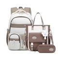 Three-piece set of cream and brown school backpack with matching tote bag and pencil case - Three-Piece Set / Coffee