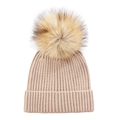 Detail of core-spun yarn knit hat with ribbed texture and large faux fur pom-pom - Size S (0-3 Years) / Beige