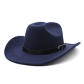 Detailed view of the dark blue wool felt fedora with a black leather band and metal buckle - M (56-58cm) / Navy Blue