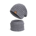 Winter two-piece set featuring grey ribbed knit beanie and neck warmer with fleece lining - Dark Gray