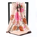 Floral print satin square scarf with pink roses and deep brown border detail - Rich Peony Coffee Edge Pink Flower (SD90-23-1)
