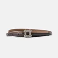 Deep coffee genuine leather slim belt with luxury square rhinestone buckle for women - Dark Coffee
