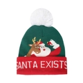 Detail der Weihnachtsstrickmütze mit Weihnachtsmann-Motiv und Santa Exists Schriftzug - M (56-58cm) / Dunkelgrüner Weihnachtsmann & Rentier Stil (D)