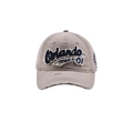 Detailed close-up of khaki distressed cotton baseball cap with Orlando 3D embroidery - Khaki