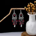 Detail of vintage silver boho tassel earrings with red beads and leaf pendants - Antique Silver Red Leaf Tassel (H2973)