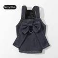 Navy blue denim pet overall dress with white stitching and large front bow detail - S / Navy Blue