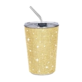 Golden rhinestone encrusted 17oz stainless steel travel tumbler with metal straw - 500ml / Bright Gold