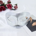Silver metallic masquerade half-face mask on white silk with red roses and magazine - Silver
