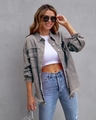 Women's vintage grey frayed denim jacket with distressed details and casual lapel - S / Light Gray