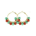 Close-up of festive Christmas hoop earrings with red, green, and gold metallic balls - Hoop with Red Green Gold Beads