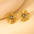 Star-shaped gold-plated titanium earrings with vibrant multicolor rhinestones and texture - Colorful Radial Flower Stud Earrings