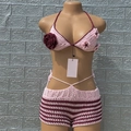 Handmade crochet pink and burgundy bikini set with high-waisted shorts for women - Adult Free Size / Pink Purple
