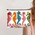 Trousse à maquillage en toile avec imprimés hippocampes colorés et fermeture zippée - Style Imprimé Hippocampe Coloré(jiayingpbb0425)