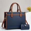 Grote handtas met contrastkleuren, schouderband en bijpassende kaarthouder set - Blauw