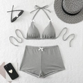 Hahnentritt-Bikini-Set mit hoch taillierter Shorts und weißen Schleifen-Details - S / Schwarz