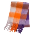 Rainbow plaid mohair scarf with fringes in vibrant orange, purple and white pattern - 24#