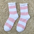 Pink and white striped coral fleece socks in mid-calf length for warm winter sleep - One Size / Pink And White Medium Stripes
