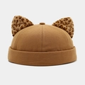 Brown docker hat with leopard print cat ears made of soft faux fur on white background - Caramel color