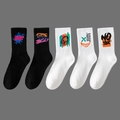 Five-pack of black and white cotton sports socks with colorful graffiti art prints - 5 Pairs (Styles 11, 12, 15, 27, 30)