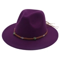 Detail of deep purple fedora with woven brown band and green jade-style beads - M(56-58cm) / Purple