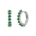 Silver plated hoop earrings with green round zirconia stones in a double angle view - Silver with Green Pave Huggie