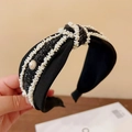 Elegant black and white tweed knotted headband with white beads and pearl accents - S41 Black Tweed Pearl Edge Knot Style