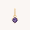Detailed close-up of a purple round-cut zircon pendant with a gold three-prong setting - February Gold