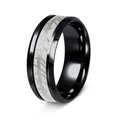Detailed view of black ring band with white glowing inlay and Elvish script engravings - US 7 / Black Plated + Silver Pattern